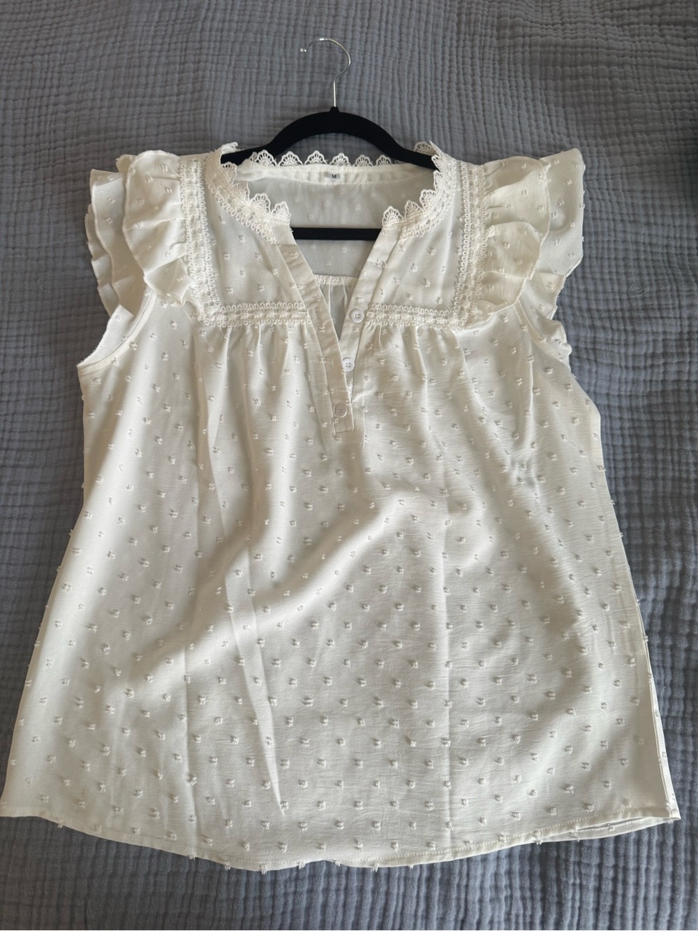 White Swiss Dot Lace-Trim Sleeveless Blouse NWOT